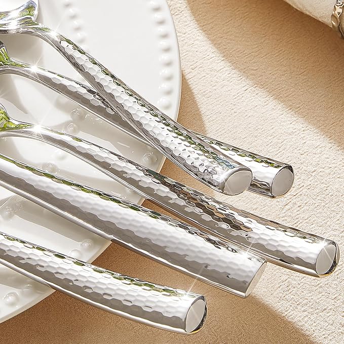 Kingstone Hammered Silverware Set, 10-Piece Flatware Set for 2, 18/10 Stainless Steel Heavy Duty Cutlery Set, Mirror Polished Utensil Sets for Home, Restaurant, wedding, Dishwasher Safe