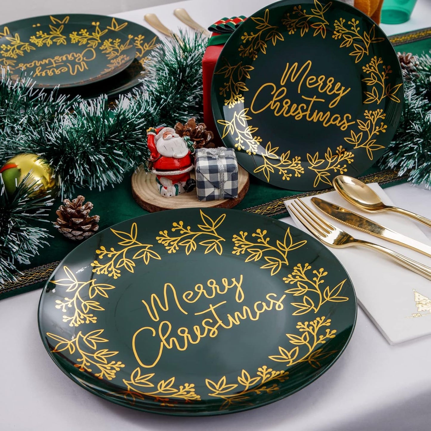 Morejoy 175Pcs Green Gold Christmas Plastic Place Setting, Includes Plates, Cutlery, Cups, Napkins, for Party