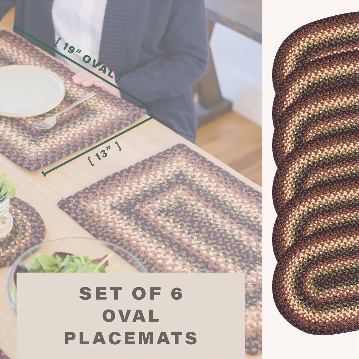 Homespice Prescott Jute Braided Oval Placemats, Country Primitive Decor, Set of 6, 13x19 Black and Red Table Mats - Vibrant Colors, Durable, Easy to Clean and Protects Furniture