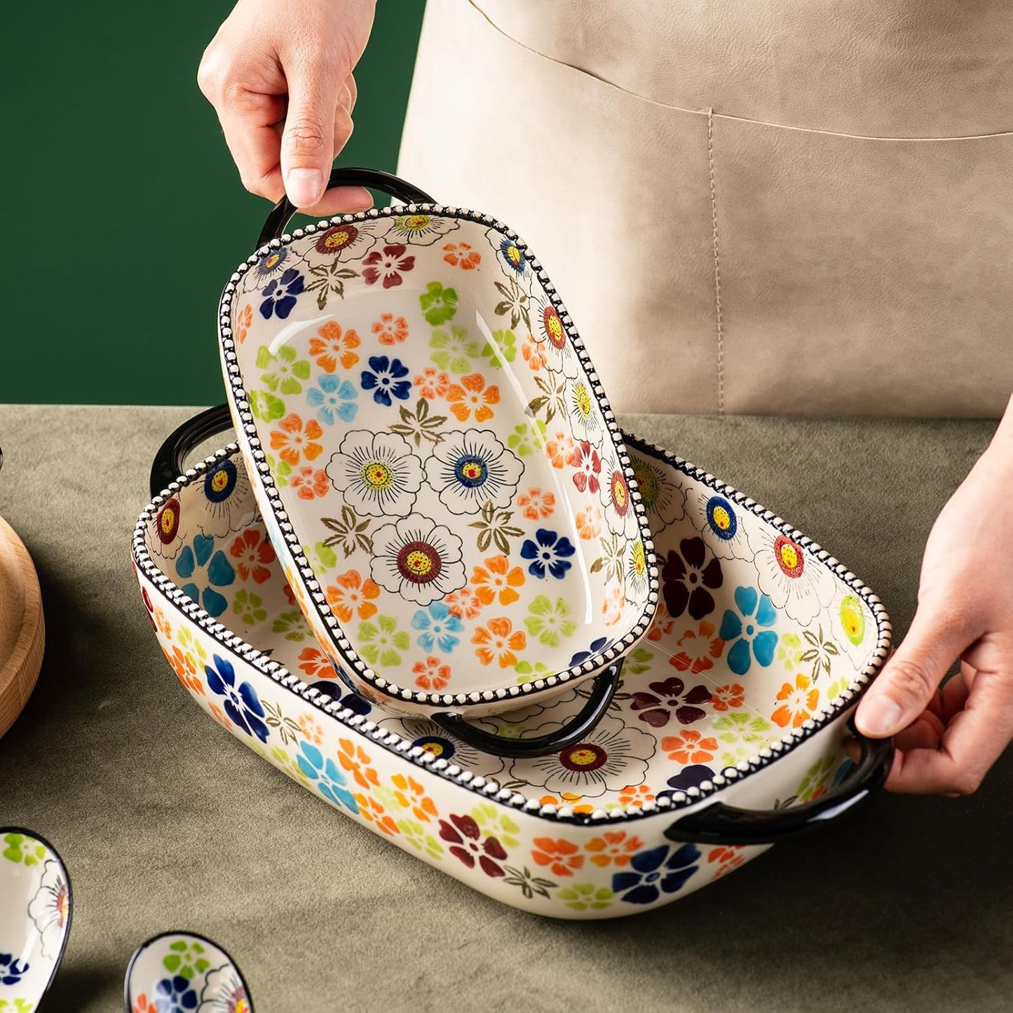 Retro pastoral style Ceramic Baking Dish Rectangular Bakeware Set Baking Pan, 2-piece Hand-painted Porcelain Baking pan with handle, Casserole Dish for Oven/Cooking/Kitchen (Green Traces)