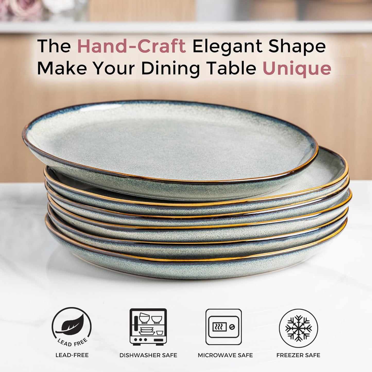 AmorArc Ceramic Dinner Plates Set of 6, 10.5 Inch Handmade Reactive Glaze Stoneware Plates, Rustic Shape Dinnerware Dish Set for Kitchen, Microwave & Dishwasher Safe, Scratch Resistant