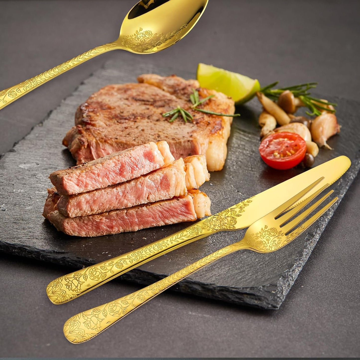 A·HOUSEWARE Gold Flatware Floral Set Stainless Steel Silverware 30 Piece Forks Spoon Knives Cutlery for 6 Kitchen Utensil Vintage Embossed Handle Durable Festival Parties Everyday Use