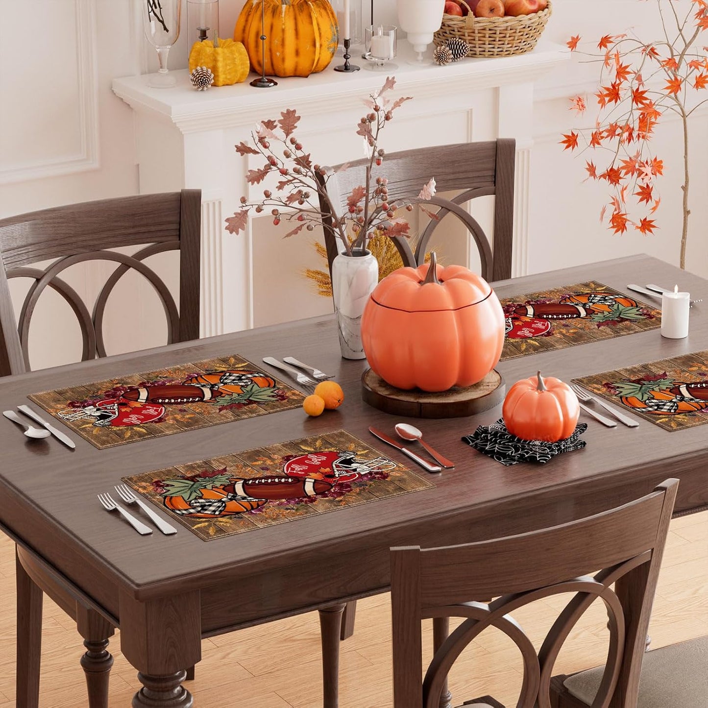 XCHI Fall Football Pumpkin Wood Placemats Set of 6 Table Mats for Party Home Kitchen Dining Table Decorations 12x18 Inch
