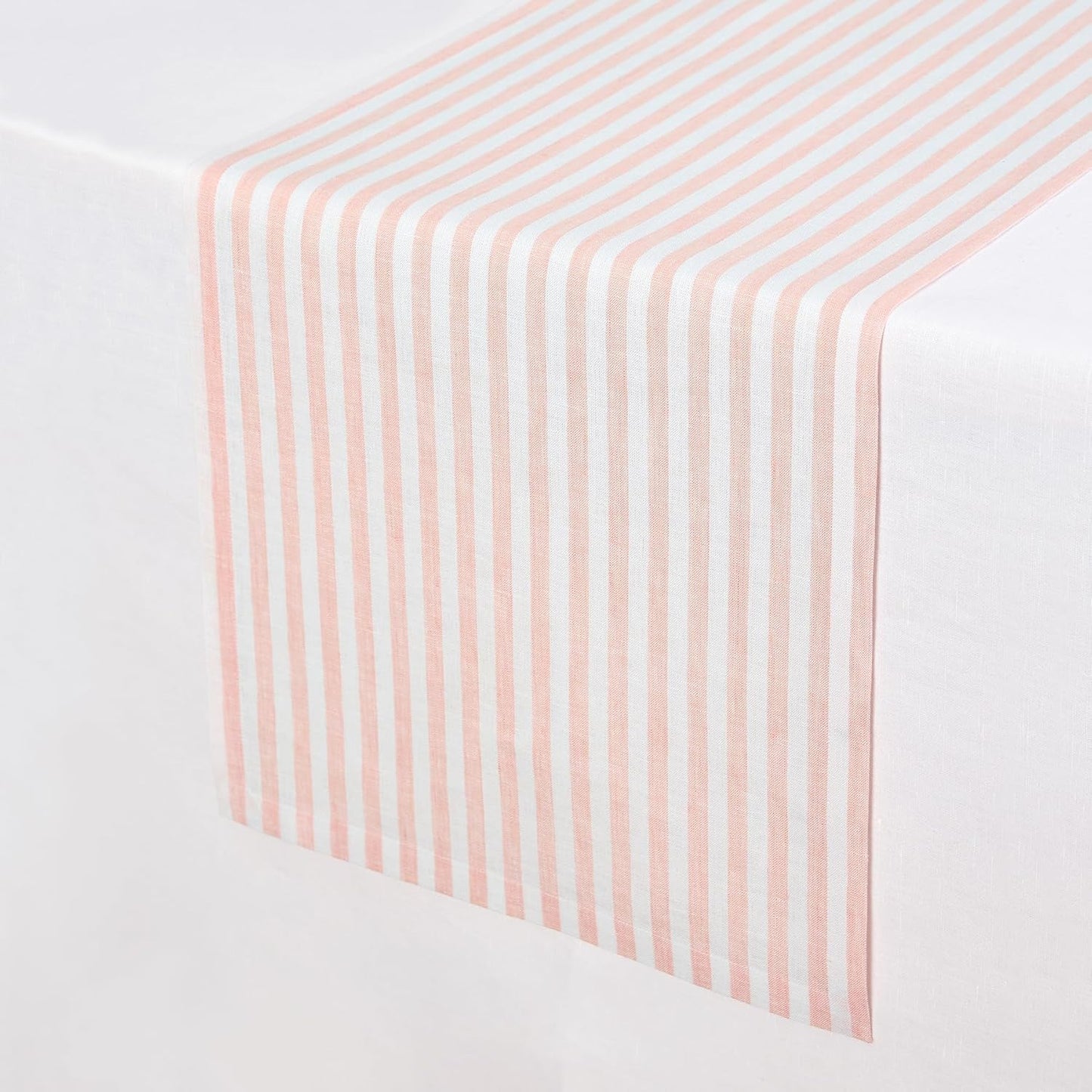 Solino Home Striped Linen Table Runner 36 Inches - Amalfi Stripe, 100% Pure Linen Coral and White Small Table Runner 14 x 36 Inch Ideal for Dresser and Coffee Tables