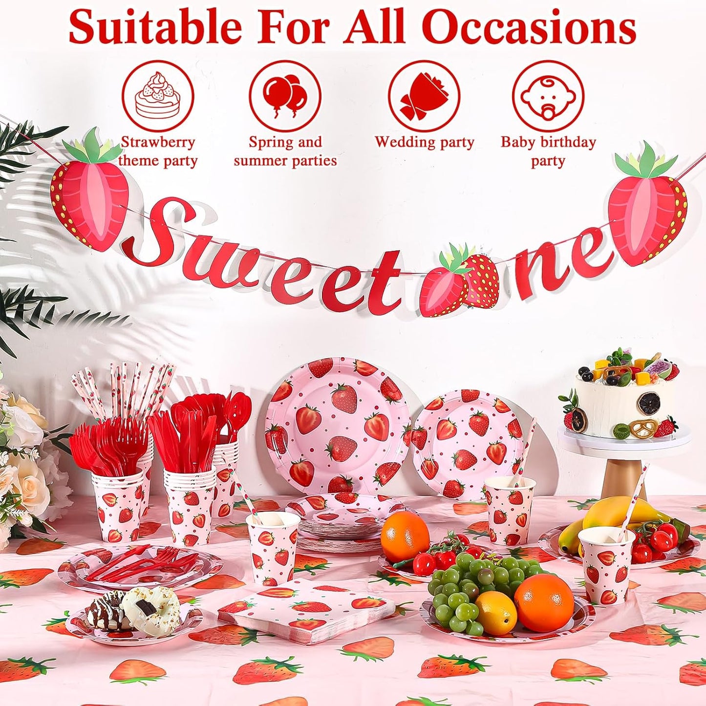 Sawysine 202 Pcs Strawberry Party Supplies Disposable Dinnerware Set 50 Plates 25 Cups 25 Napkins 25 Plastic Forks 25 Knives 25 Spoons 25 Straw Flag Tablecloth to Serve 25 Guests