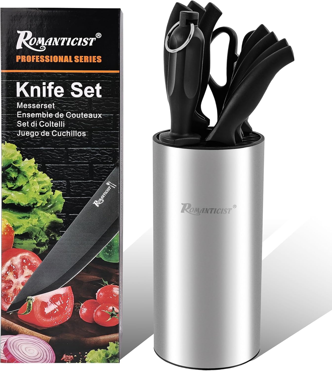 ROMANTICIST Knife Set, 10 Pieces Knife Block Set - Stainless Steel Kitchen Knives with Sharpener and Cheese Knife, Non-Slip Ergonomic Handles, Exquisite Knives Set - Stylish Black