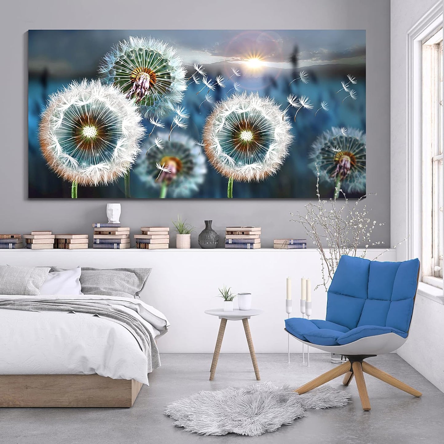 Large Wall Art Dandelion Canvas Art Wall Decor for Living Room White Dandelion Sun Blue Landscape Prints Artwork Modern Framed Wall Art for Bedroom Office Home Decorations Pictures for Bedroom Wall Decor Size 29x58