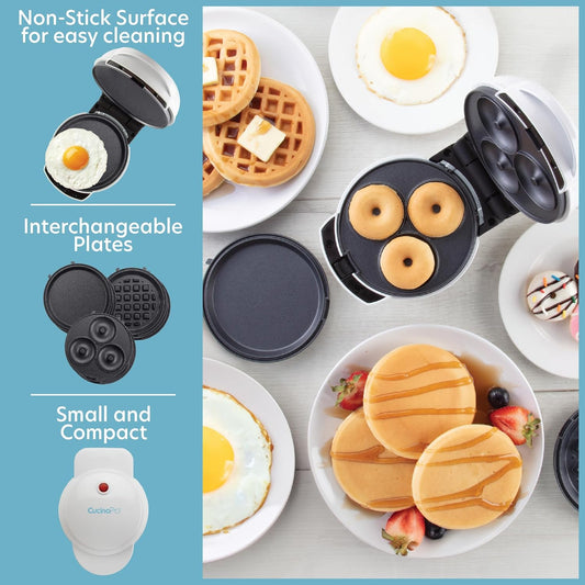 3 in 1 Mini Breakfast Maker- Make Mini Waffles Donuts Pancakes or Eggs all in 1 Multi Use Appliance- Easily Swap & Clean Interchangeable Griddle Plates- Small Electric Nonstick Holiday Baker Xmas Gift