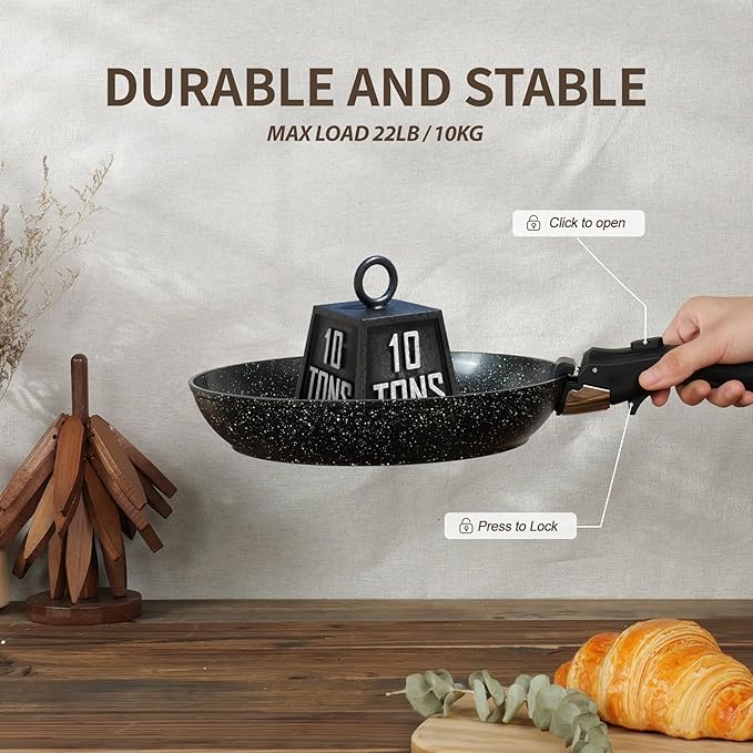 Nonstick Ceramic Cookware Set 21PCS with Detachable Handle, Pans and Pots Set, RV Kitchen Set Cookware Set, Pan Pots with Removable Handles, Oven Safe, Induction Ready(Black)