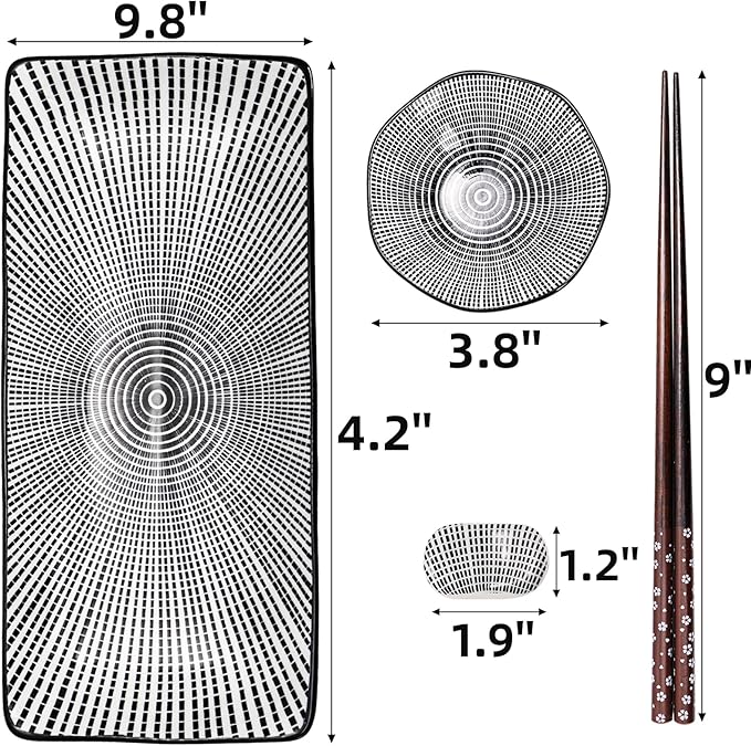 8 Pcs Sushi Plate Set, Ceramic Sushi Serving Set for 2, Japanese Sushi Dinnerware for Wedding Housewarming, Includes 2 Serving Dishes, 2 Sauce Bowls, 2 Pairs of Chopsticks, 2 Chopstick Holders