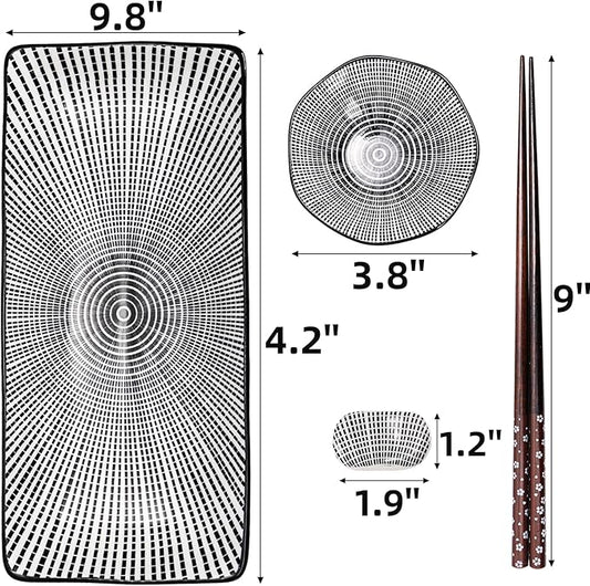 8 Pcs Sushi Plate Set, Ceramic Sushi Serving Set for 2, Japanese Sushi Dinnerware for Wedding Housewarming, Includes 2 Serving Dishes, 2 Sauce Bowls, 2 Pairs of Chopsticks, 2 Chopstick Holders