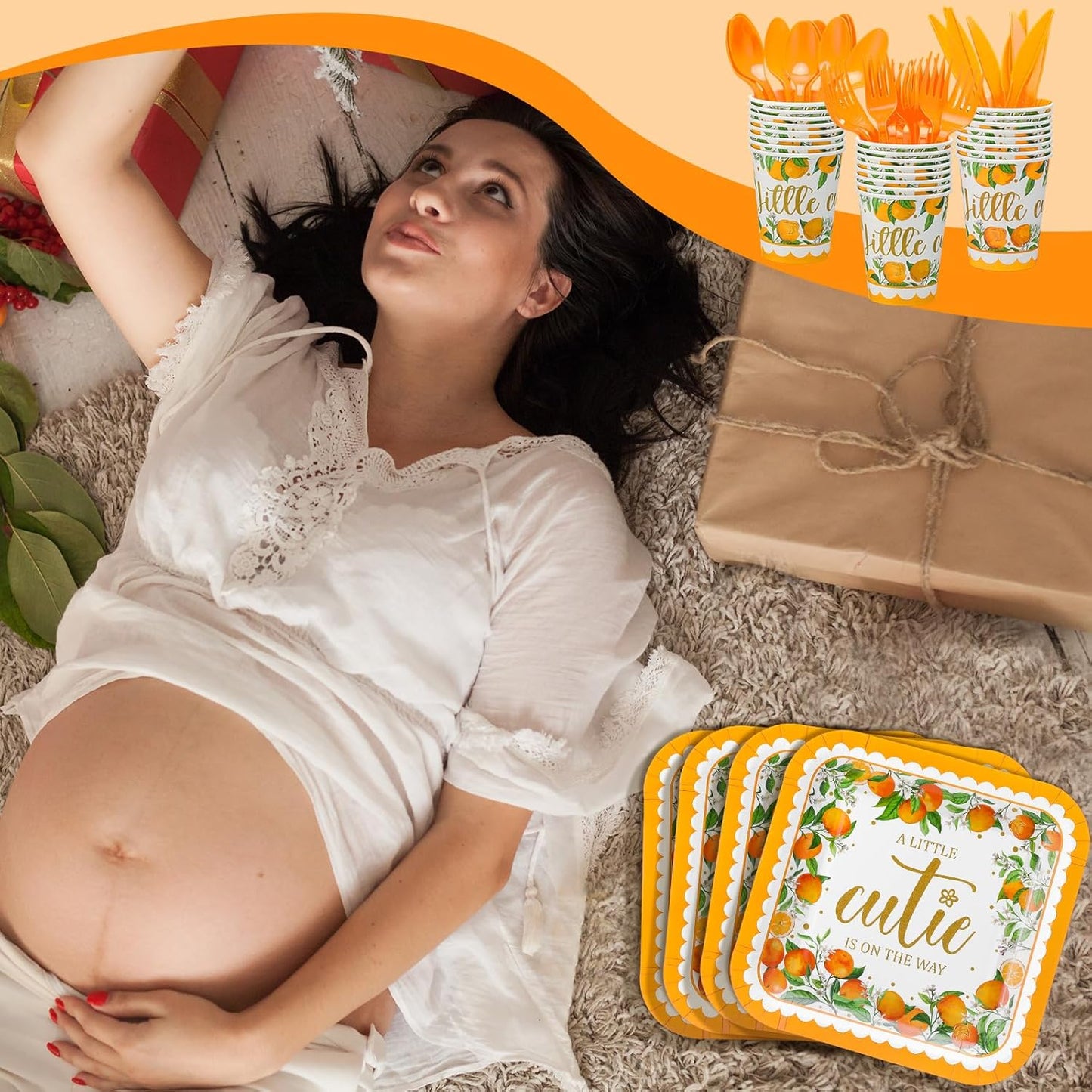 350 Pcs Paper Plates and Napkins Set Disposable Dinnerware Party Supplies Tableware Serve 50 Guest Cups Knife Forks Spoon(Orange,Little Cutie)