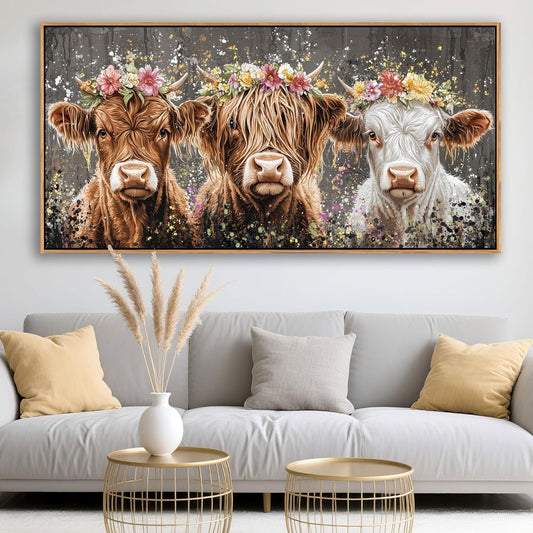 AJAZIKO Highland Cow Wall Art - Farmhouse & Rustic Country Wall Decor, Large Canvas Pictures for Living Room, Above Bed Artwork for Walls - Western Decorations 29×58IN