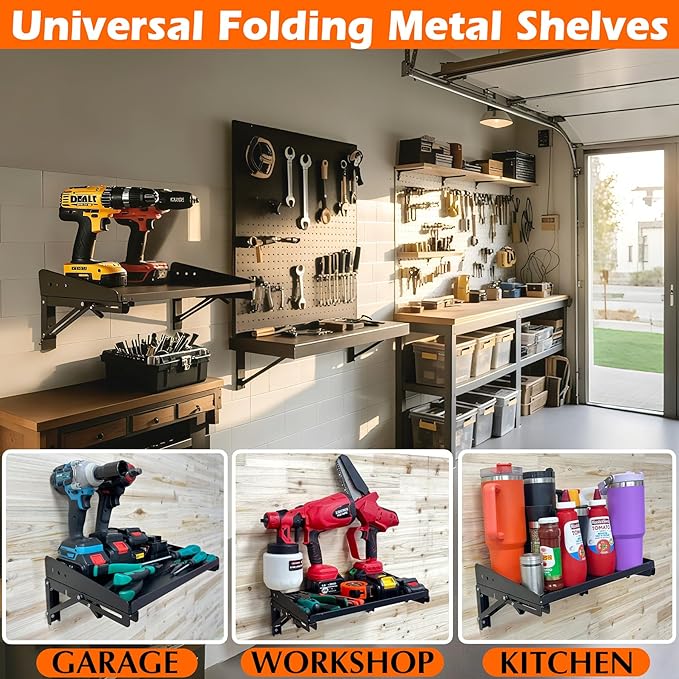 MUTUACTOR 2Pack Garage Wall Shelving,Wall-Mounted Sturdy Metal Shelving for Organizing,Heavy Duty Folding Storage Shelf Rack for Garage,Kitchen,Laundry, Holds Up to 100lbs