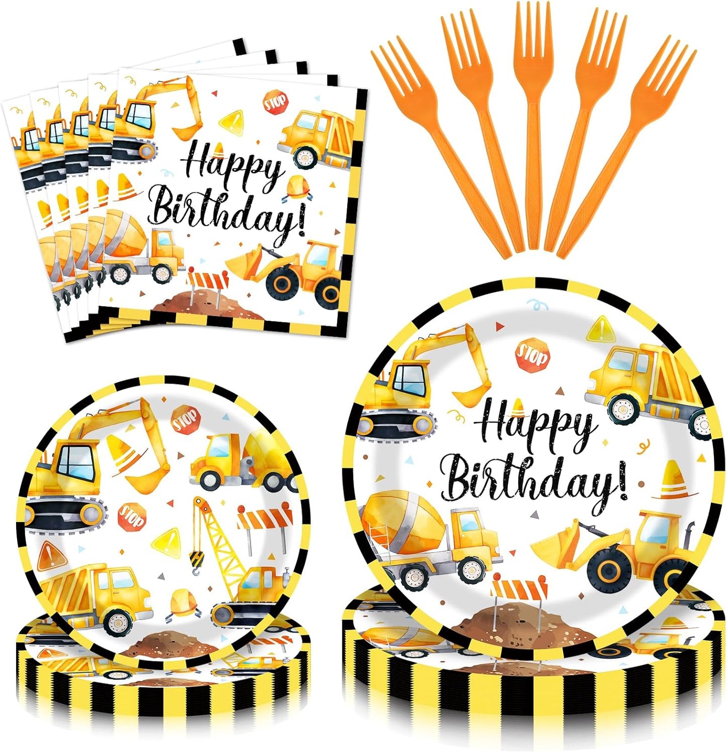 100 Pcs Construction Truck Party Tableware Set – Disposable Vehicle Theme Plates, Napkins, and Forks for Boys Birthday Parties and Truck-Themed Celebrations – Serves 25