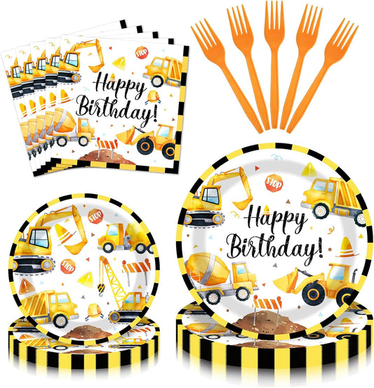 100 Pcs Construction Truck Party Tableware Set – Disposable Vehicle Theme Plates, Napkins, and Forks for Boys Birthday Parties and Truck-Themed Celebrations – Serves 25
