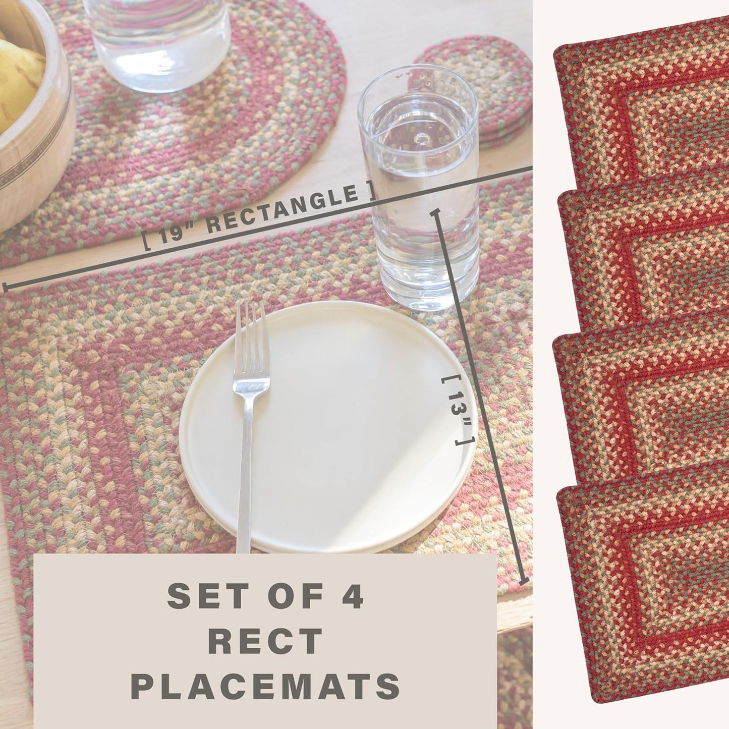 Homespice Cider Barn Jute Woven Placemats, Warm Country Rustic Decor, Set of 4, Red 13x19 Rectangle Table Mats - Vibrant Colors, Durable, Easy to Clean and Protects Furniture