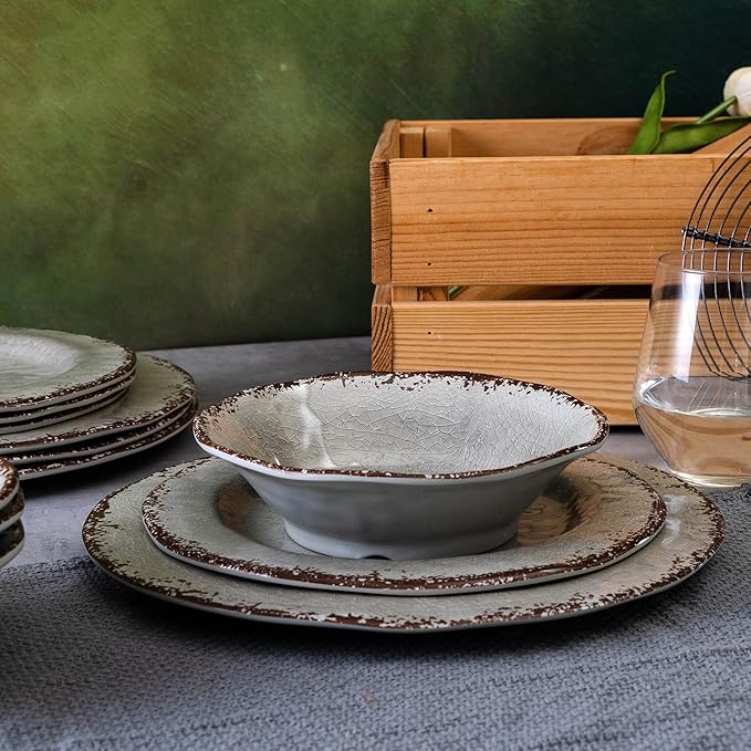 LEHAHA Farmhouse Melamine Dishes Dinnerware Set, 12 Piece Rustic Plates and Bowls Great for Picnic, Camping, Service for 4, Reusable and Dishwasher Safe, Indoor and Outdoor Use