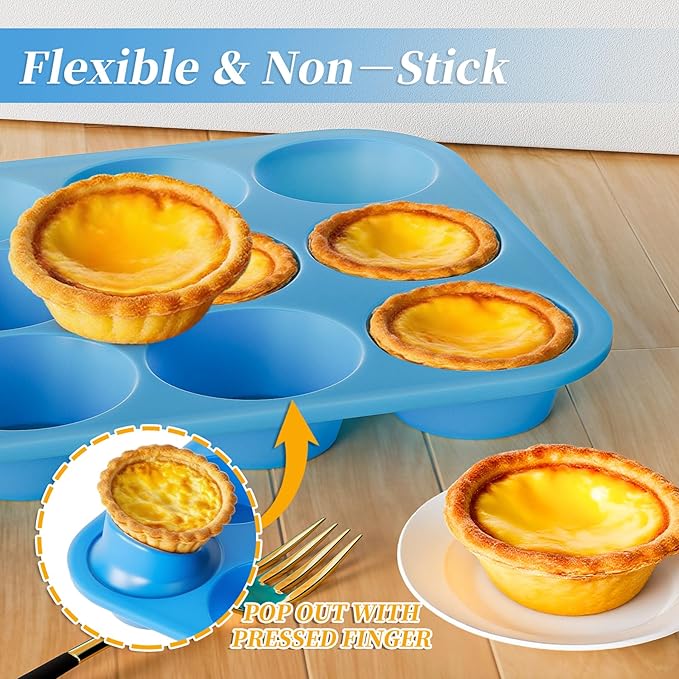 Bangp 12-Cup Silicone Muffin Pan with Metal Reinforced Frame,2 Pack Regular Size Cupcake Pan,Premium Non-Stick Bend Resistance Silicone Molds for Making Muffin,Cakes,Tart,Egg Bites (Blue)
