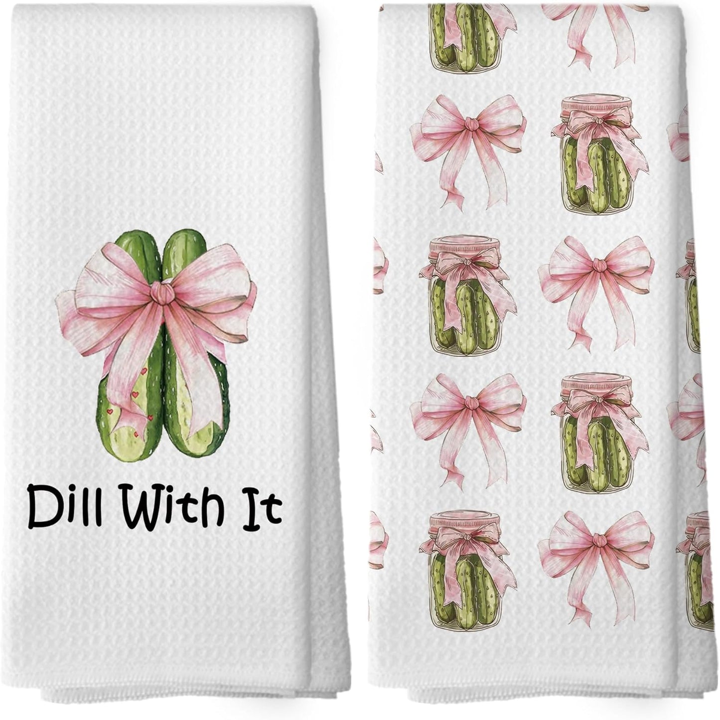 Coquette Pink Bows Pickle Jars Kitchen Towels Set of 2, Cucumber Pickle Lovers Hand Towel, Dill with It Funny Pickle Gifts, Pickle Party Kitchen Decorative Tea Towel Dish Towels 16x24 Inch