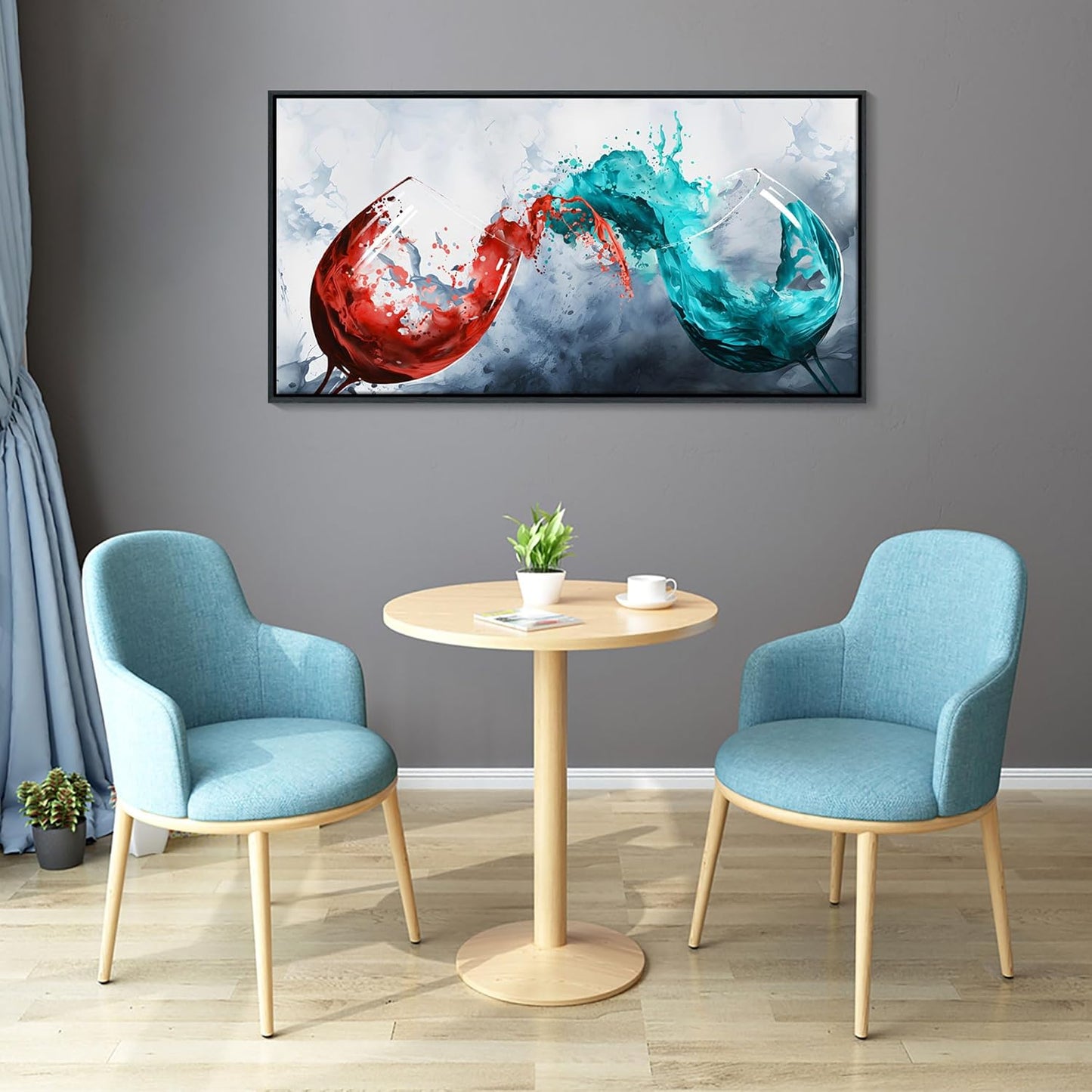 Framed Blue & Red Wine Glass Collisions Canvas Art | 24x48 inches | Modern Kitchen & Dining Room Decor | Abstract Wine Cup Painting | Contemporary Bar & Living Room Wall Art | pictures wall decor