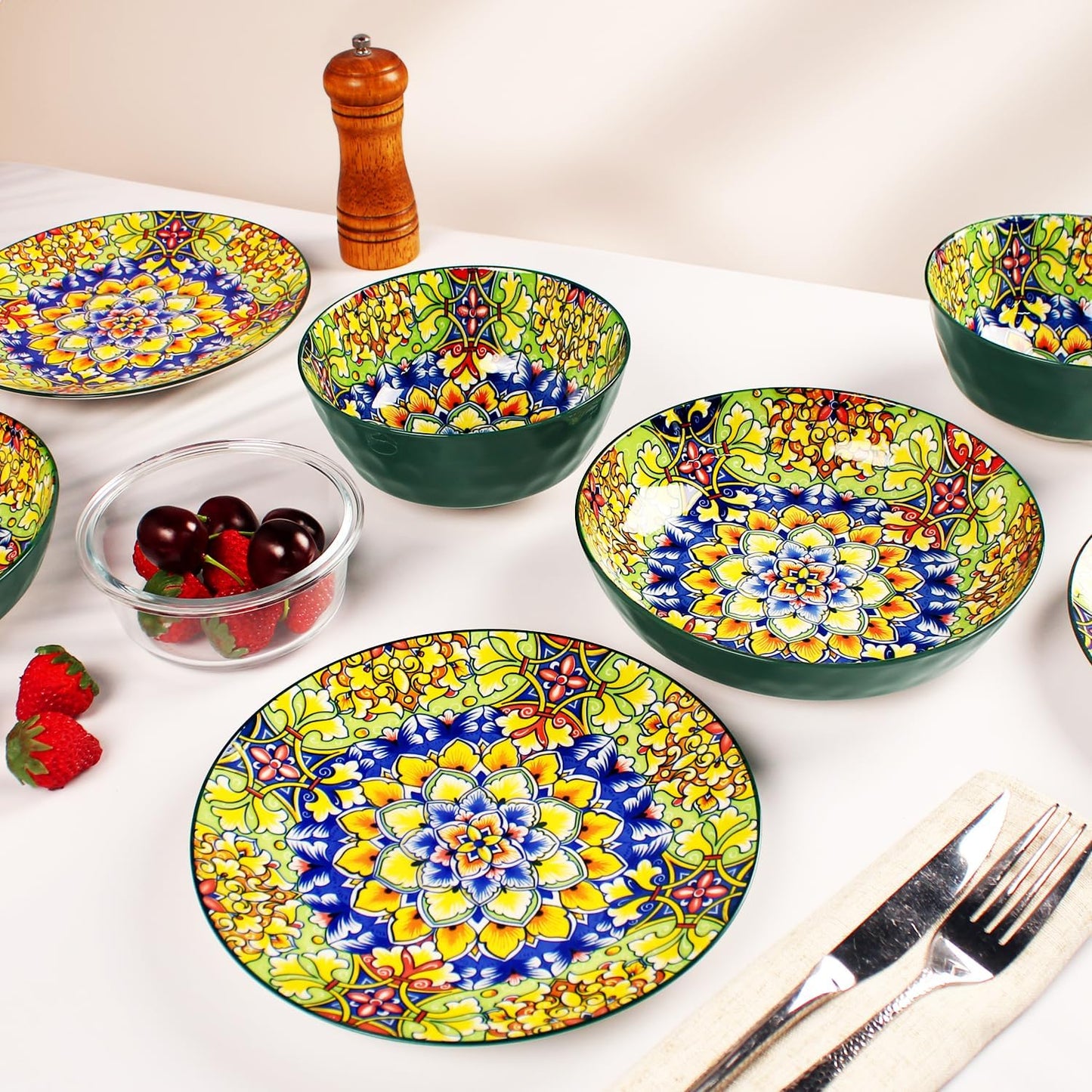 Mandala Dinnerware Sets, Plates and Bowls Set, Porcelain Dishes (12 Pieces) Service for 4, Zanzibar, Bohemian Style Dining Ware, for Kitchen and Dining Multicolor Dinnerware Set