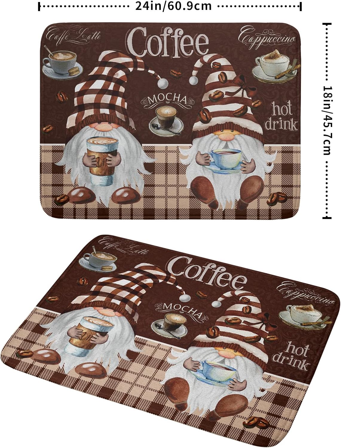 Coffee Gnomes Dish Drying Mat 18x24 Inch, Coffee Maker Mats for Tabletop, Buffalo Plaid Brown Mocha Absorbent Washable Spillproof Espresso Machine Pad Cafe Bar Kitchen Counter Protector