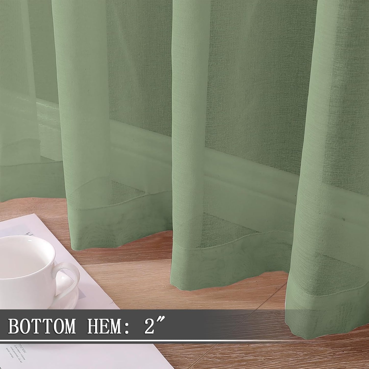 Tollpiz Sheer Curtain Linen Textured Bedroom Curtains Sheer Light Filtering Rod Pocket Voile Curtain for Living Room, 54 x 95 inches Long, Sage Green, Set of 2 Panels