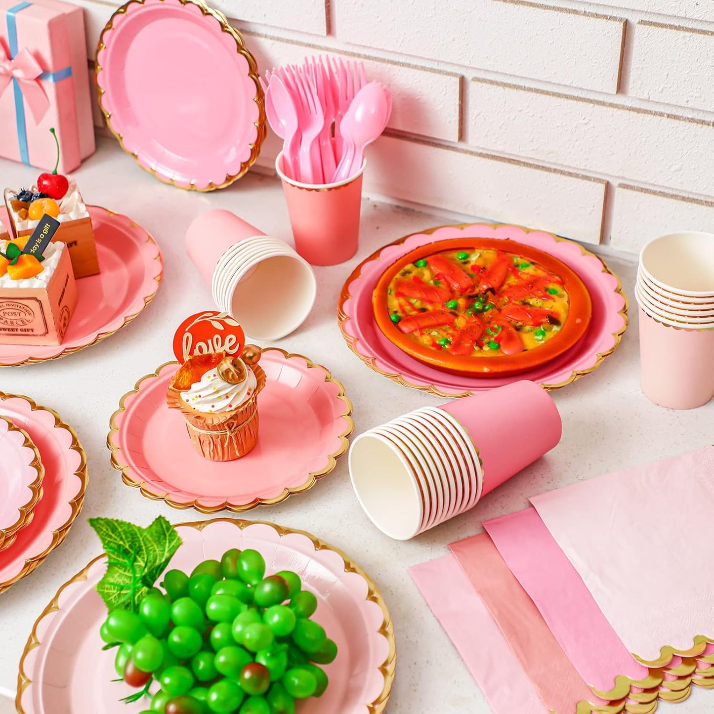 Yaomiao 168 Pcs Pink Dinnerware Sets Pink Plates Disposable Paper Plates Cups Napkin with Plastic Knife Fork Spoon Serve 24 Guests Princess Birthday Party Bridal Baby Shower Decorations (Round)