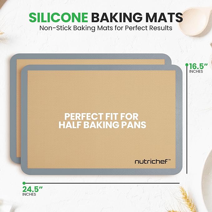 Nutrichef Silicone Baking Mats - 2 Non-stick Food-Grade Silicone Mats - Perfect for Full Baking Pans 24.4 x 16.5 IN - Oven-safe Up to 480 Degrees F - Suitable for Ovens, Freezers, & Dishwashers - Grey