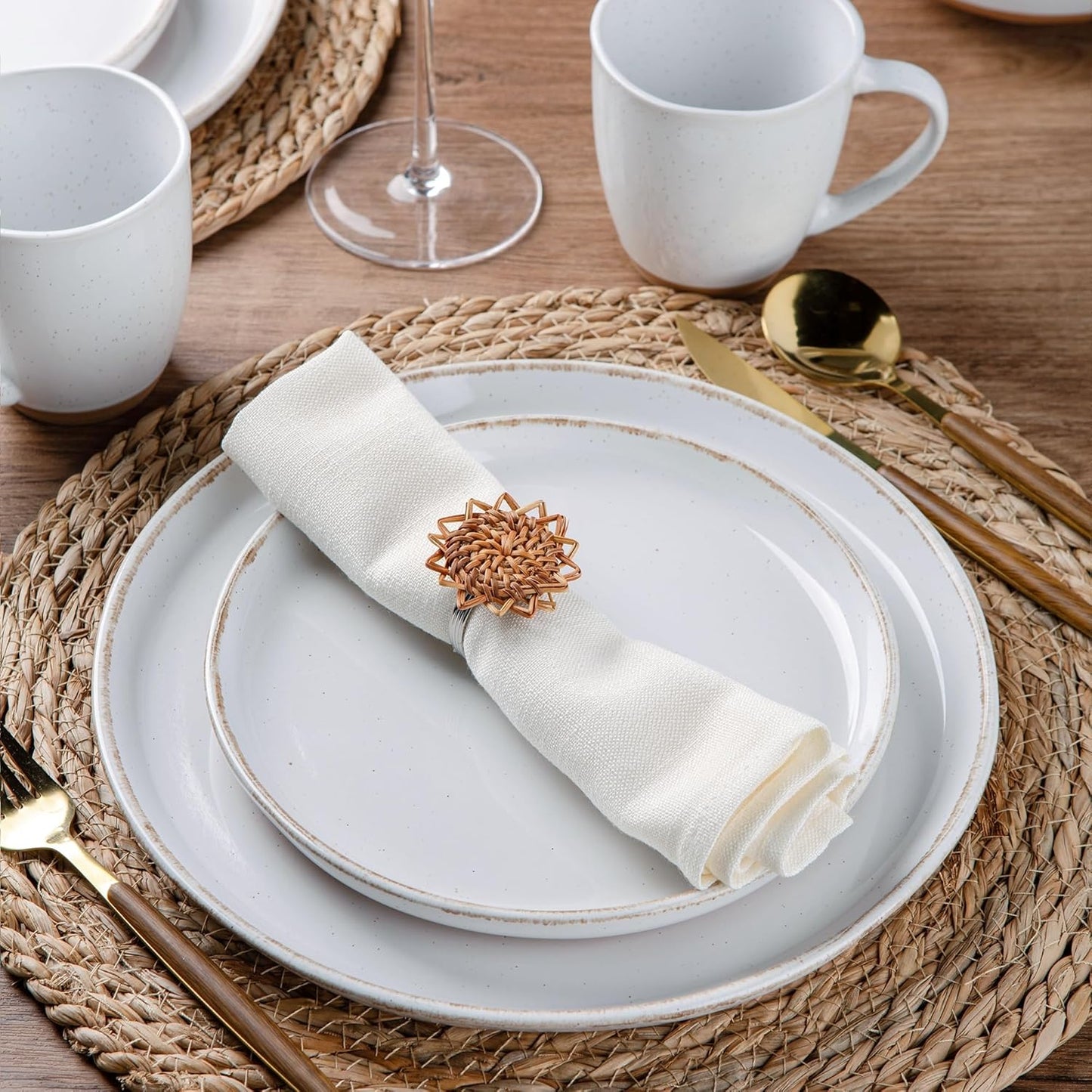 AmorArc 24 Pieces Ceramic Dinnerware Sets for 8, Handpainted Stoneware Plates and Bowls Set with Rustic Terracotta Underside, Scratch Resistant Dishes Set, Dishwasher & Microwave Safe, White