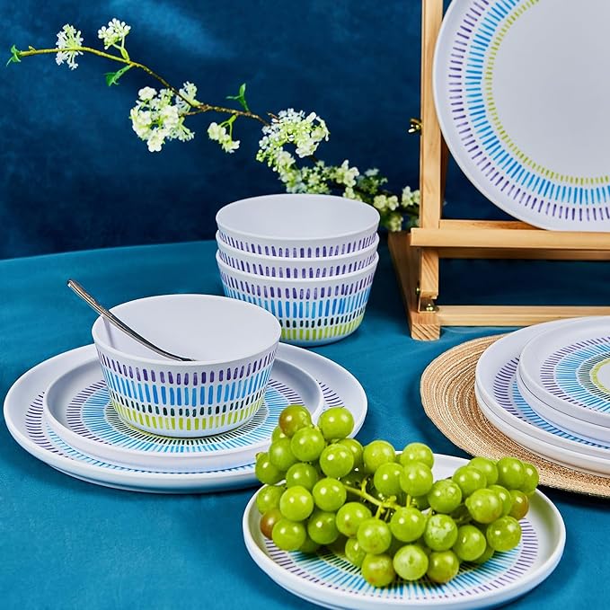 Melamine Dinnerware Set of 12 Pcs Dinner Dishes Set Bowls and Plates for Indoor and Outdoor with Unbreakable Non-breakable Lightweight Dining Tableware