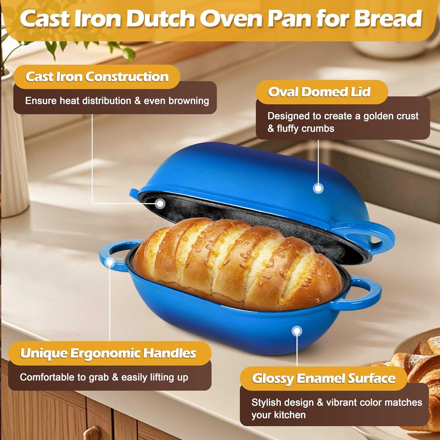 Homikit Enameled Cast Iron Dutch Oven for Bread Baking, 2.8 QT Oval Bread Oven Pot with Lid, Sourdough Loaf Iron Dutch Oven Pan for Roasting Cooking, Blue & Heavy Duty
