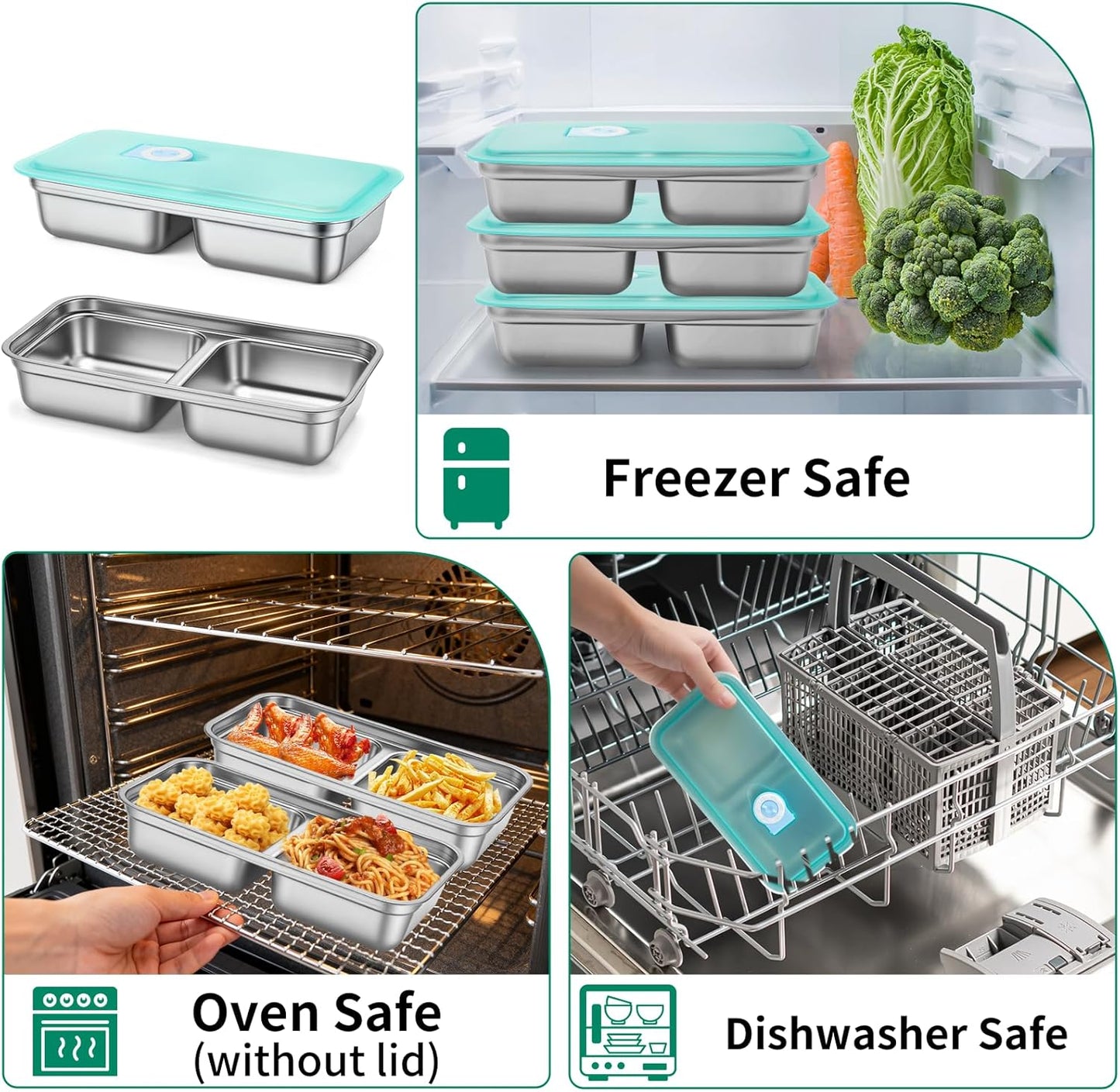 3 Pack Leakproof Stainless Steel Snack Containers with Secure Sealed Lids, Reusable 2 Compartment Bento Boxes for Lunch Prep, Travel, School & Office Stainless Steel Lunch Box