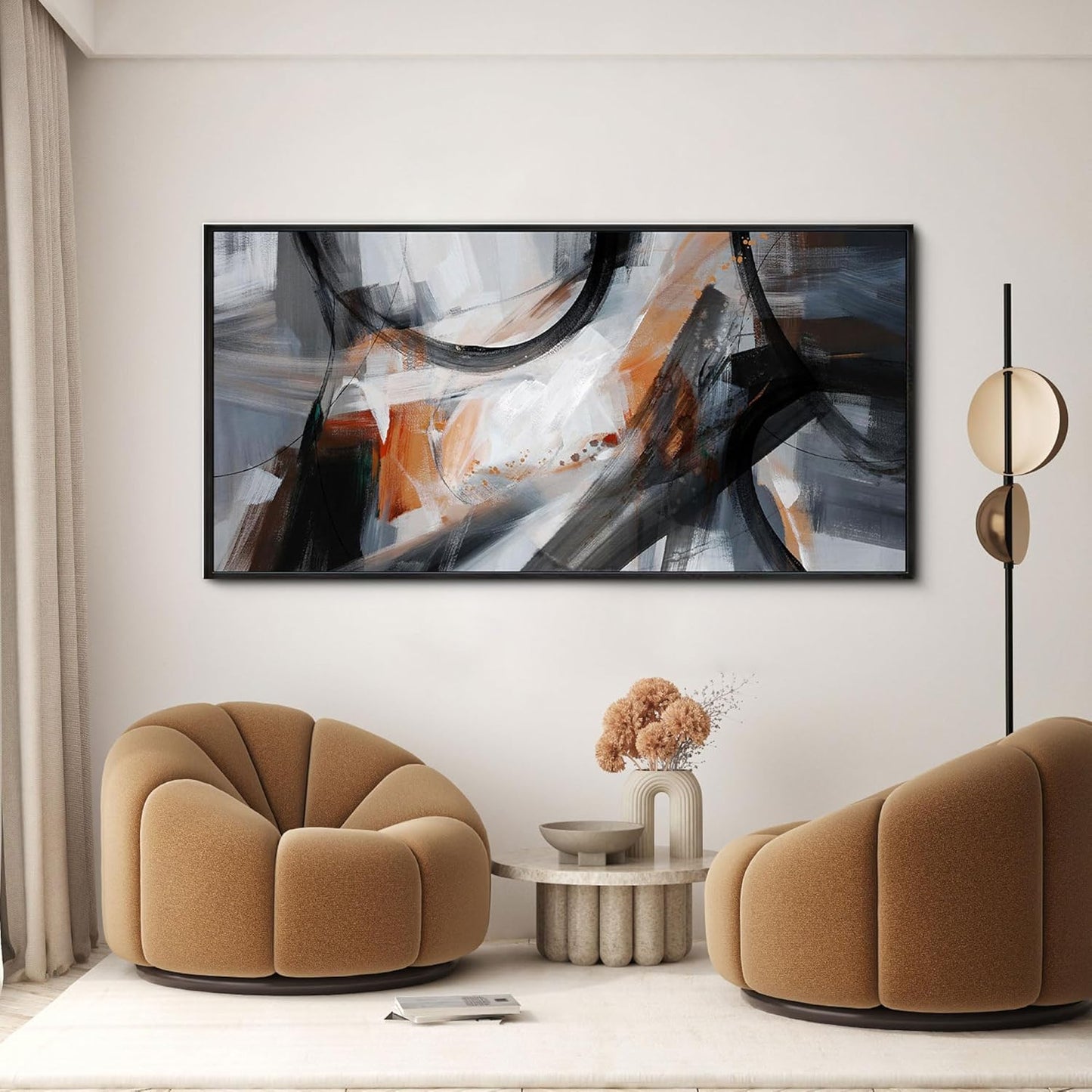 KLAKLA Wall Art for Living Room - Black and Orange Boho Abstract Canvas Framed Wall Decor Office Bedroom Art Modern Large Picture Artwork for Walls Prints Paintings Artwork 48x24 Inches