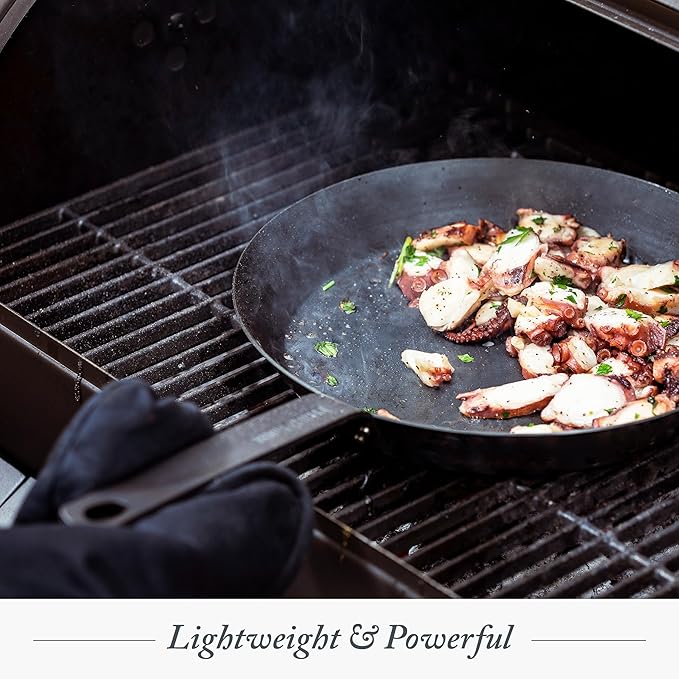 Merten & Storck Pre-Seasoned Carbon Steel 12” Frying Pan Skillet, Use on Induction, Stove and Grill, Durable, Even-Heating, for Searing, Grilling, Oven Use, and Campfire, Indoor/Outdoor