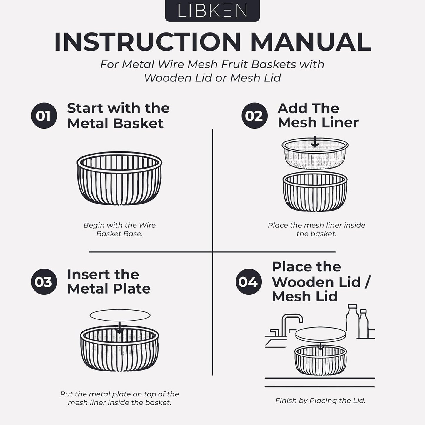 Metal Wire Mesh Fruit Basket with Wooden Lid - Fly-Proof Indoor Solution for Fresh Fruits - Covered Fruit Bowl with Lid - Produce Cover Against Flies for Vegetables - Black