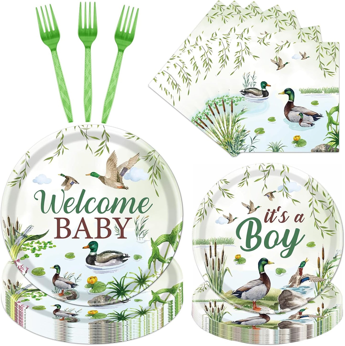 Rakuto Mallard Duck Baby Shower Decorations, 96PCS Duck Hunting Paper Plates and Napkins Tableware Party Decoration Goose Forks Decor Supplies, Serve 24