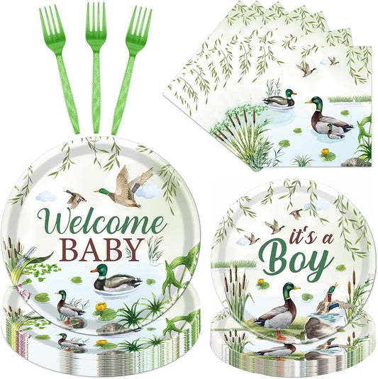 Rakuto Mallard Duck Baby Shower Decorations, 96PCS Duck Hunting Paper Plates and Napkins Tableware Party Decoration Goose Forks Decor Supplies, Serve 24