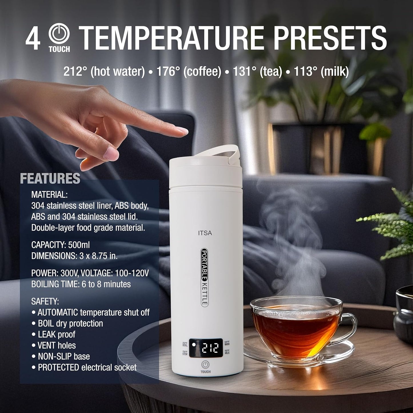 ITSA Travel Electric Kettle 500ml Portable Stainless Steel Water Boiler with Temperature Control & Auto Shut Off – Mini Electric Kettle for Coffee, Tea & Hot Water, BPA-Free