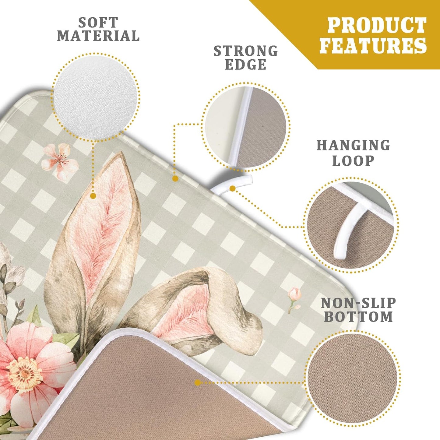 Spring Easter Dish Drying Mats for Kitchen Counter 16×18 Inch Cute Bunny Flowers Small Microfiber Drying Mat Kitchen Accessories Dish Rack Mat Drainer Pad Washable Absorbent