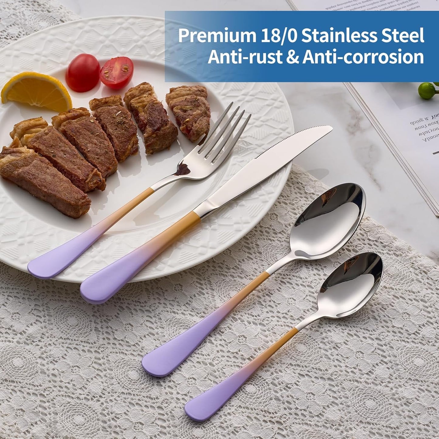 20-Piece Purple&Orange Silverware Set,18/0 Stainless Steel Colorful Handle Flatware Set, Service for 4, Modern Cutlery Set Includes Dinner Knives Forks Spoons, Mirror Polished,Dishwasher Safe