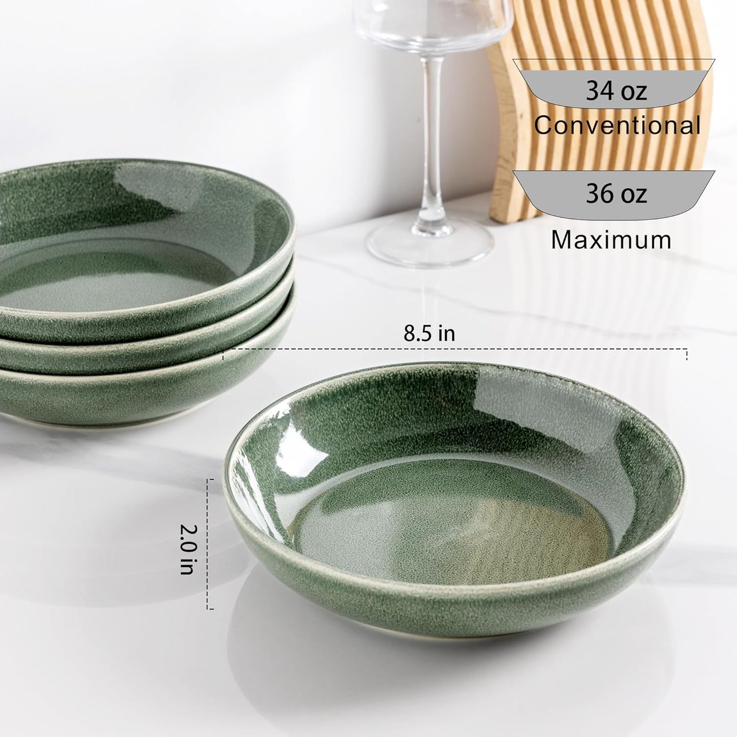 AmorArc 8.5'' Large Ceramic Pasta Bowls Set, 36oz Stoneware Bowls Set of 4 for Kitchen, Reavtive Glaze Bowls-Microwave, Dishwasher Safe for Pasta,Salad,Oatmeal -Jade Green