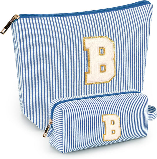 2 PCS Initial Makeup Bags for Women: Cosmetic Bag for Travel Toiletry - Birthday Gifts for 11 12 13 14 15 16 17 18 Years Old Girl Graduation Teacher Gift- Teen Girl Gifts Trendy Stuff - Blue B