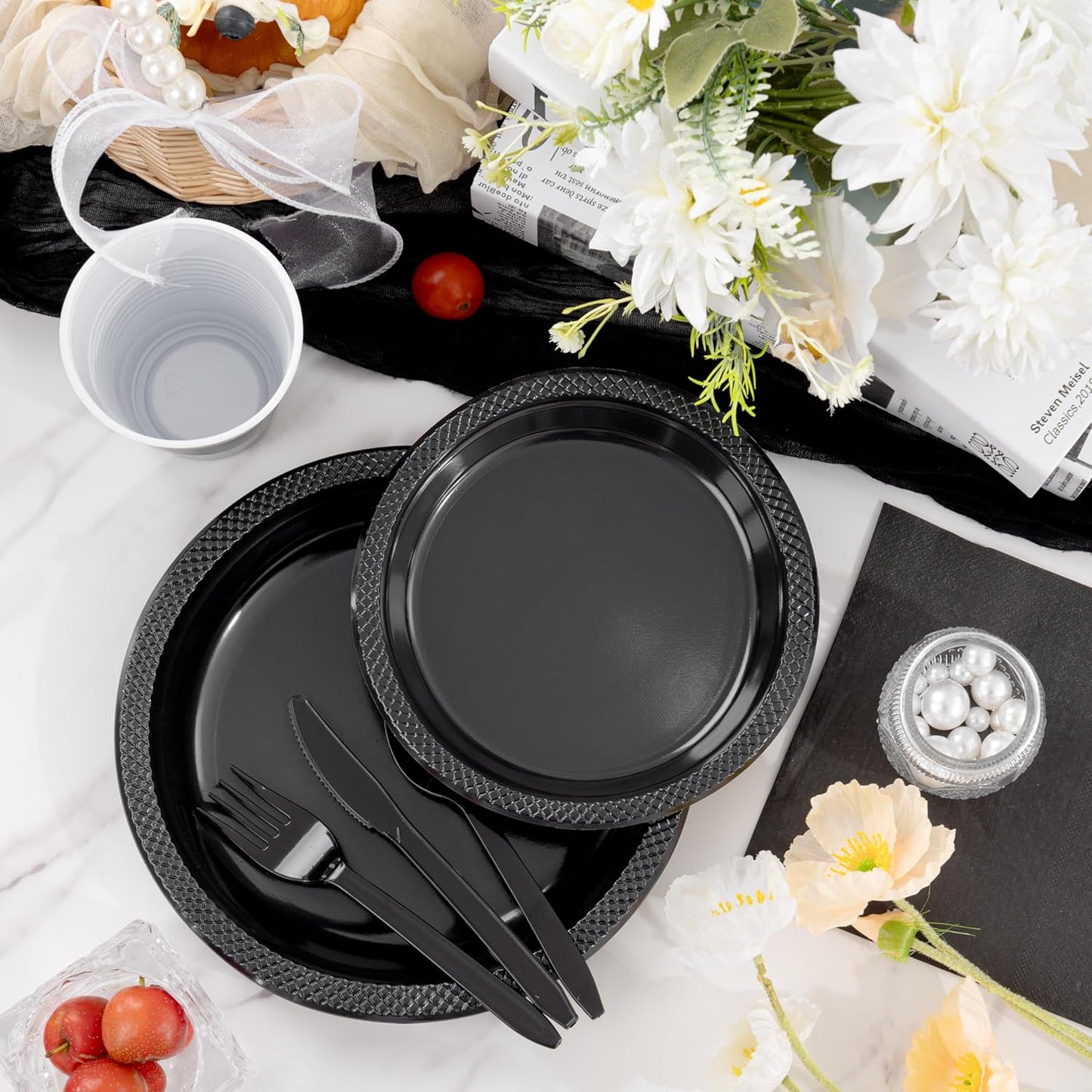 WELLIFE 210Pcs Black Plastic Plates, Disposable Dinnerware Set, Party Supplies Including Black plates, 12oz Cups, plastic Cutlery and Napkins Serve 30 Guests, Plastic Plates for Party and Halloween