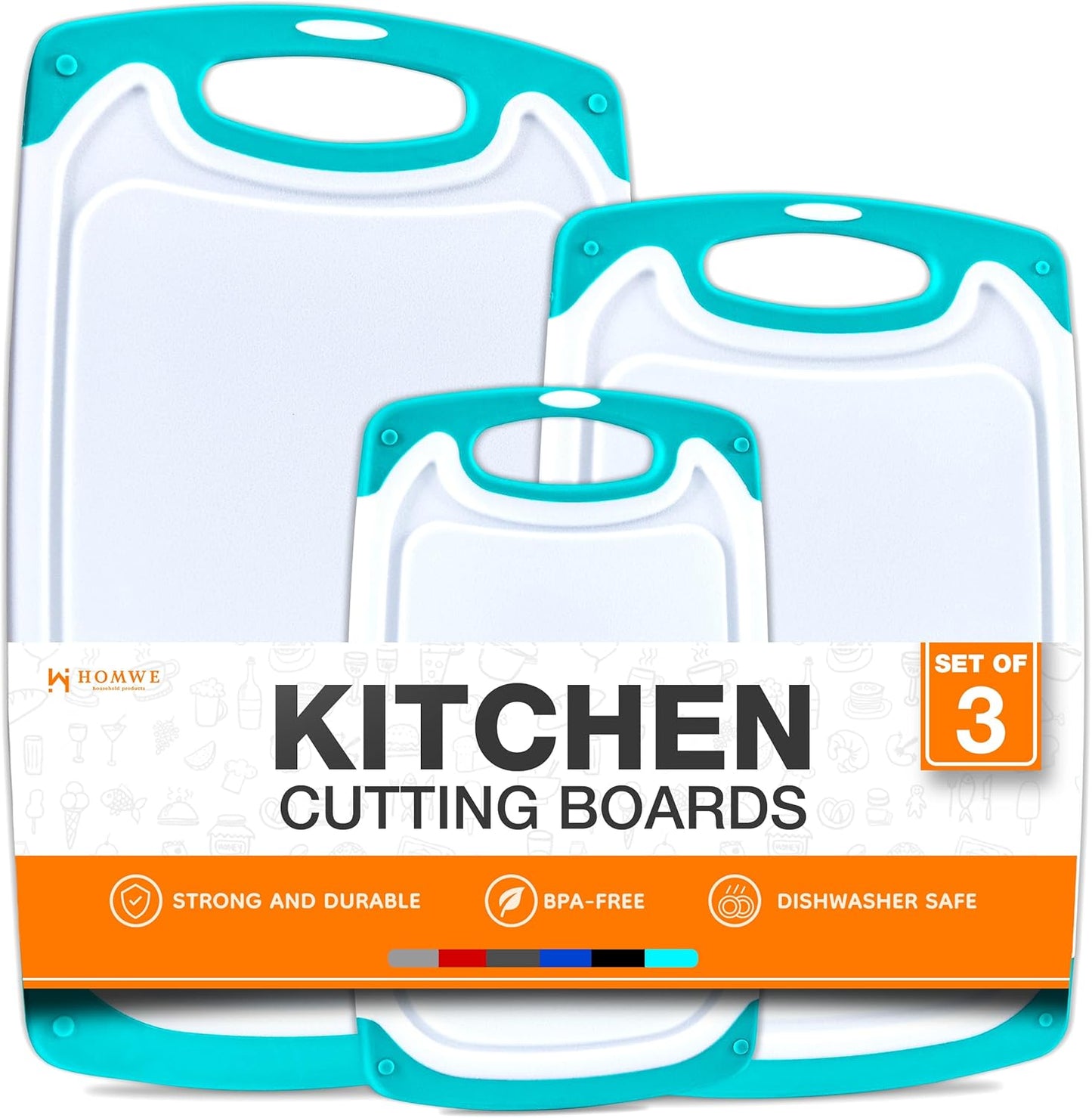 Cutting Boards for Kitchen - BPA-Free Chopping Board - Different Sizes & Non Slip Handles - Reversible, Large Cutting Board Set - Unique Gifts for Cooks Who Have Everything - 3-Pack Aqua