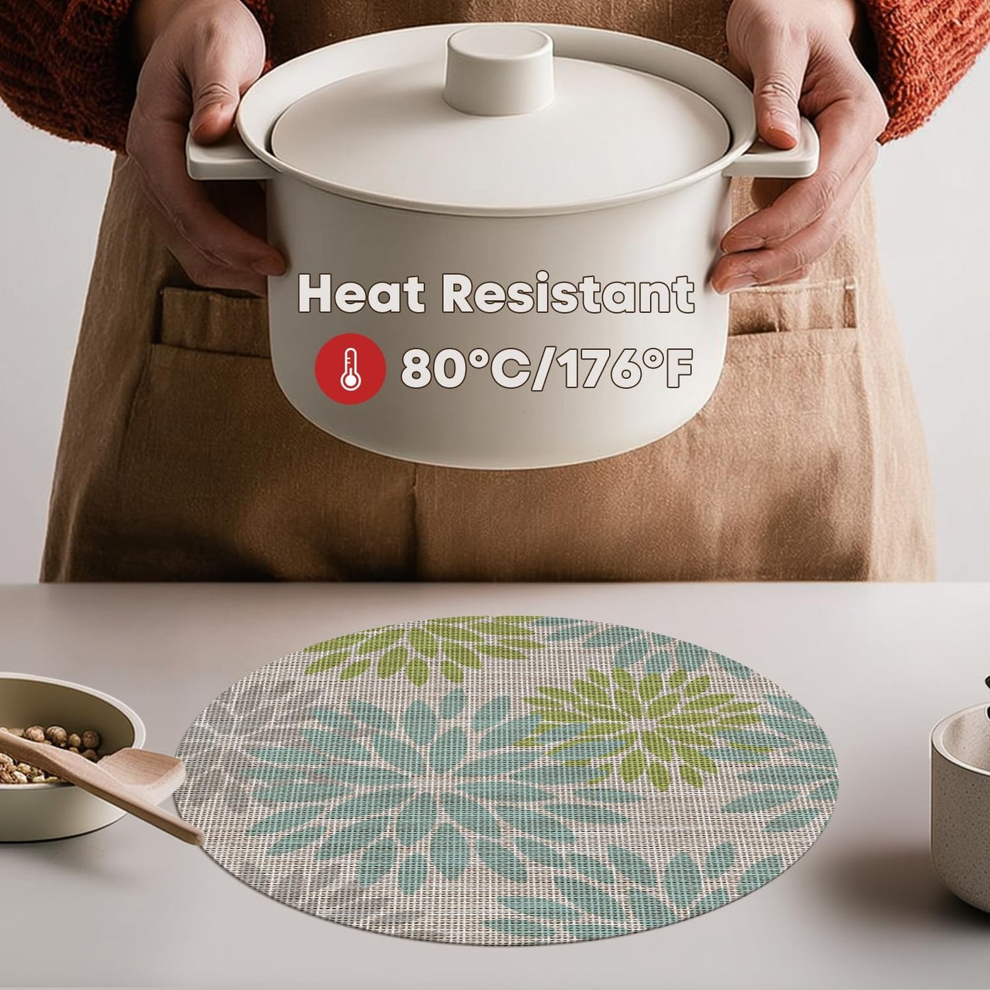 Artoid Mode Light Green Dahlia Plastic Round Placemats Set of 4, 14 Inch Seasonal Wipeable Woven Vinyl Table Mats for Farmhouse Party Kitchen Dining Decor