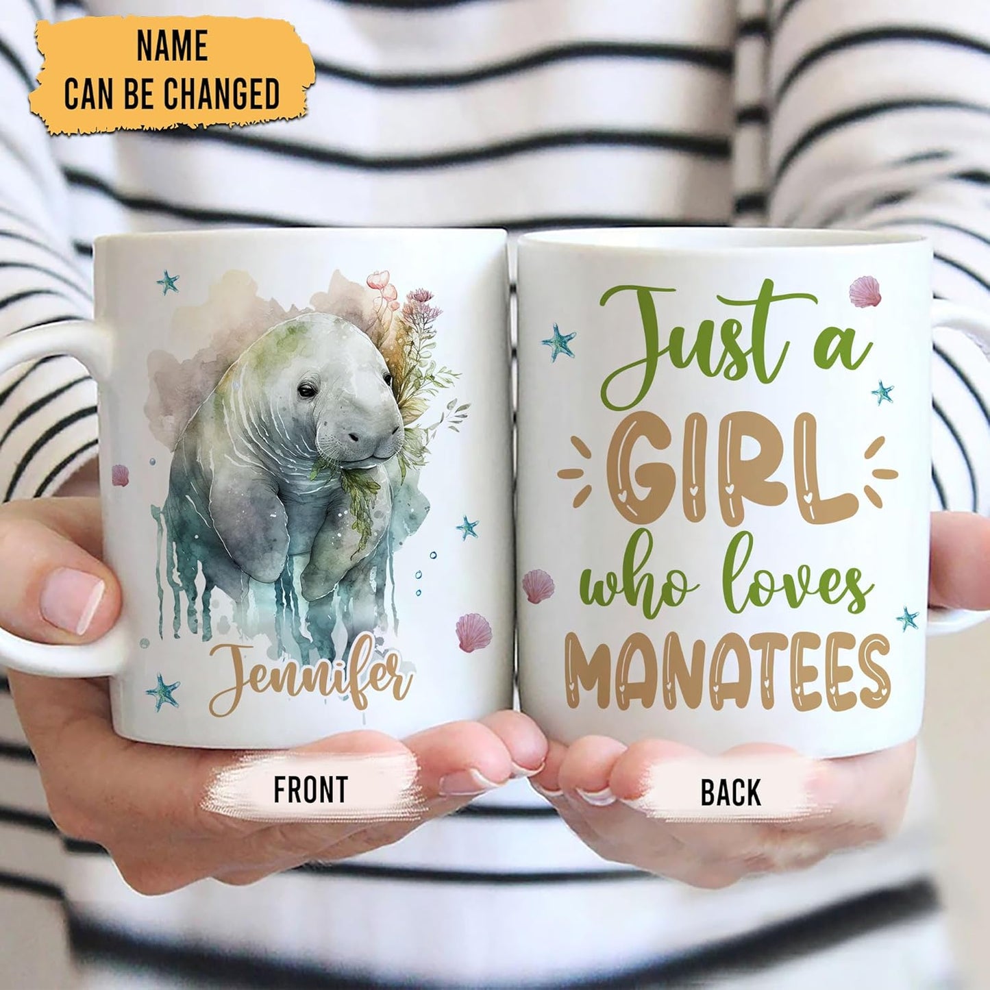 Hyturtle Personalized Gifts Manatee Lover - Just A Girl Who Loves Manatees Custom Name Ceramic Coffee Mug Cup 11oz - Idea Cute Sea Animal Lover Gifts For Women, Girl Daughter On Birthday, Christmas