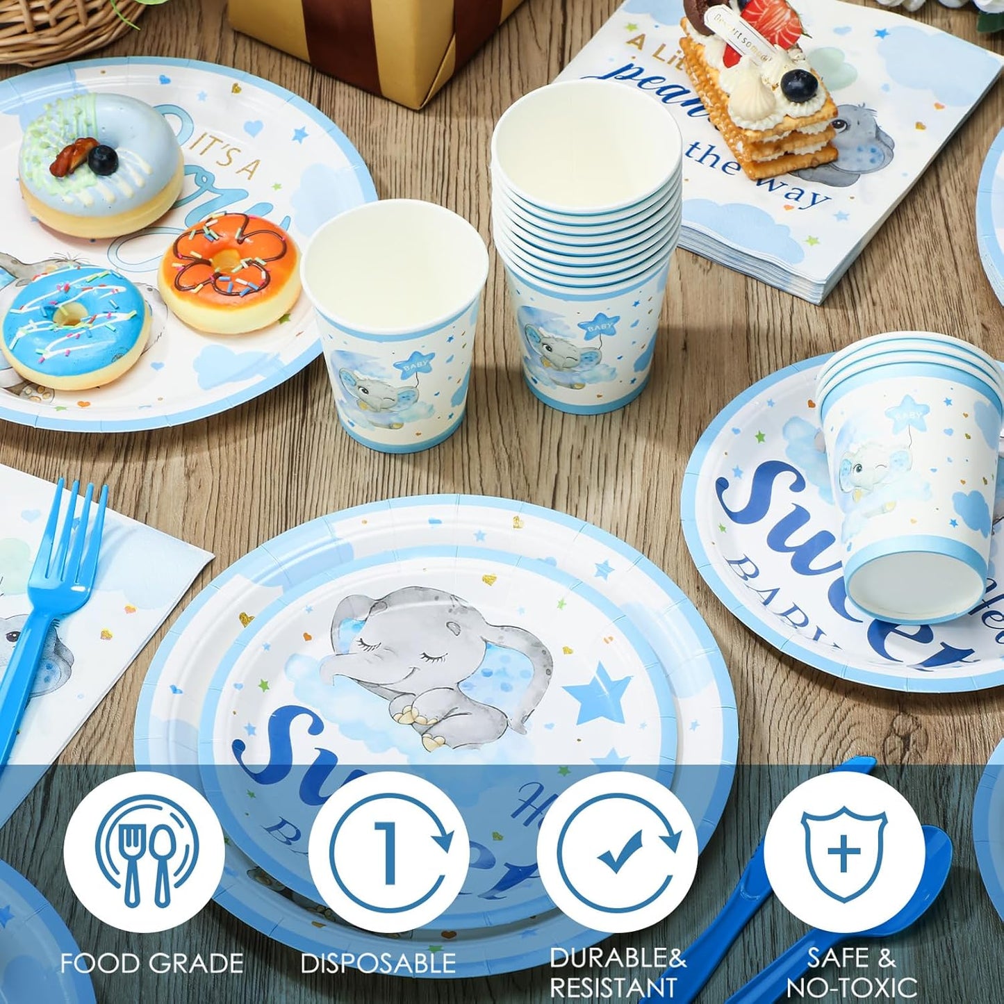 Dandat 350 Pcs Baby Shower Plates Set Baby Shower Party Supplies Serves 50 Tableware Sets Include Plates Napkin Cup Forks Knives Spoons Disposable Dinnerware(Elephant,Blue)