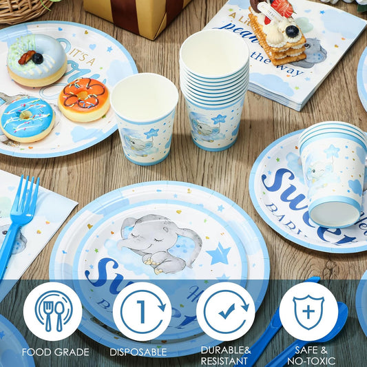 Dandat 350 Pcs Baby Shower Plates Set Baby Shower Party Supplies Serves 50 Tableware Sets Include Plates Napkin Cup Forks Knives Spoons Disposable Dinnerware(Elephant,Blue)